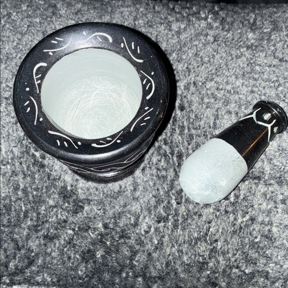 Hand-Painted Black Mortar and Pestle with White Accents